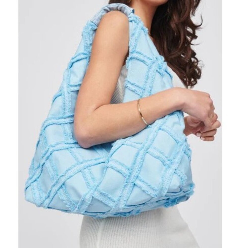 Urban Expressions Barbuda Cotton Fringe Hobo Handbag- Baby/Sky Blue - Picture 2 of 10